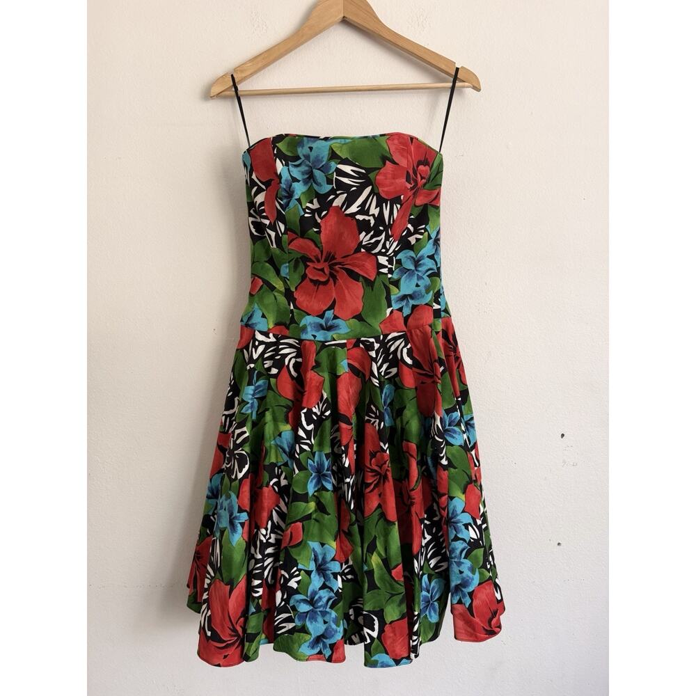 Vintage A.J. BARI Tropical Floral Strapless Midi Dress 8 Puffy Crinoline - Picture 1 of 6